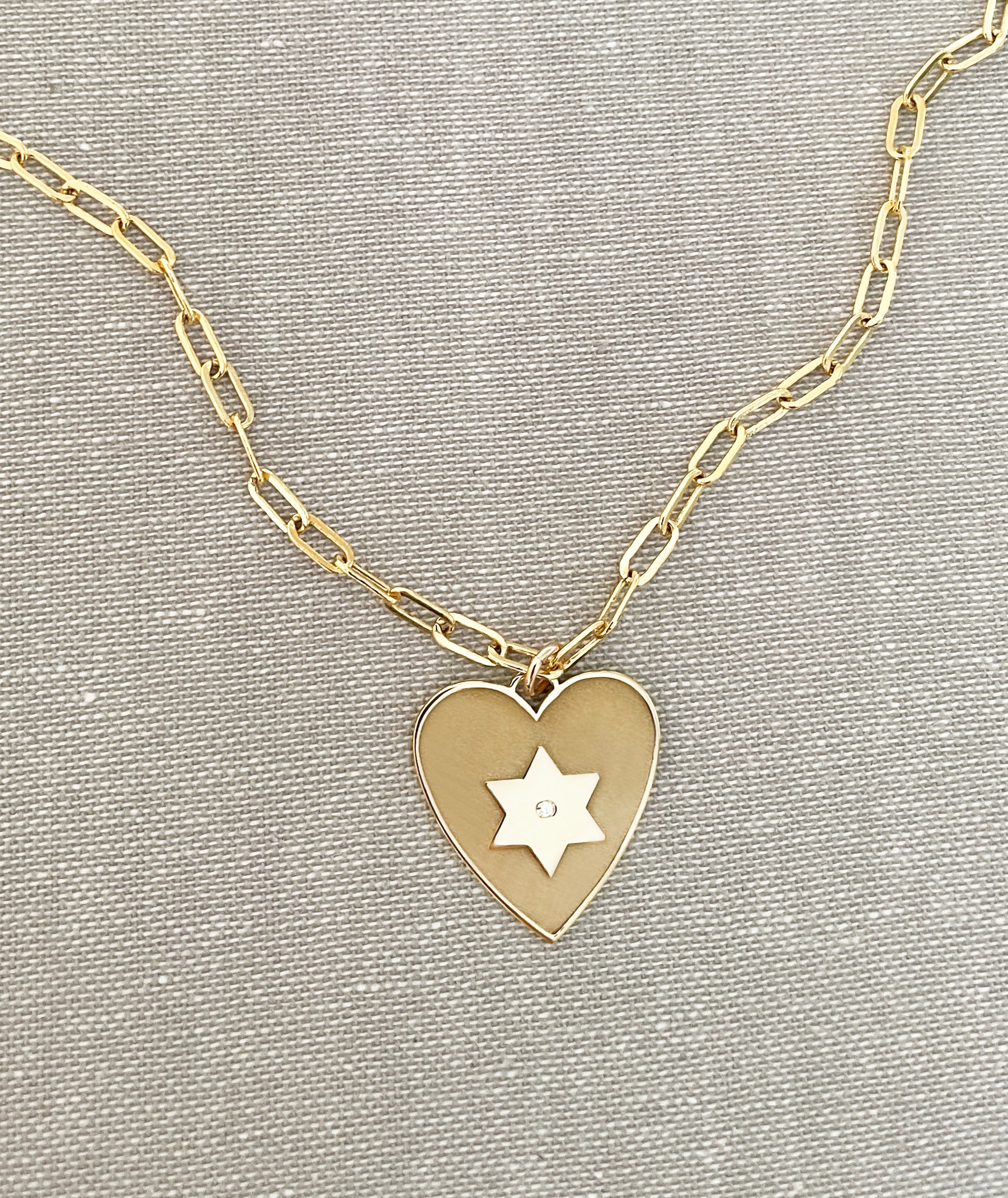 Heart Star of David Diamond Paperclip Necklace